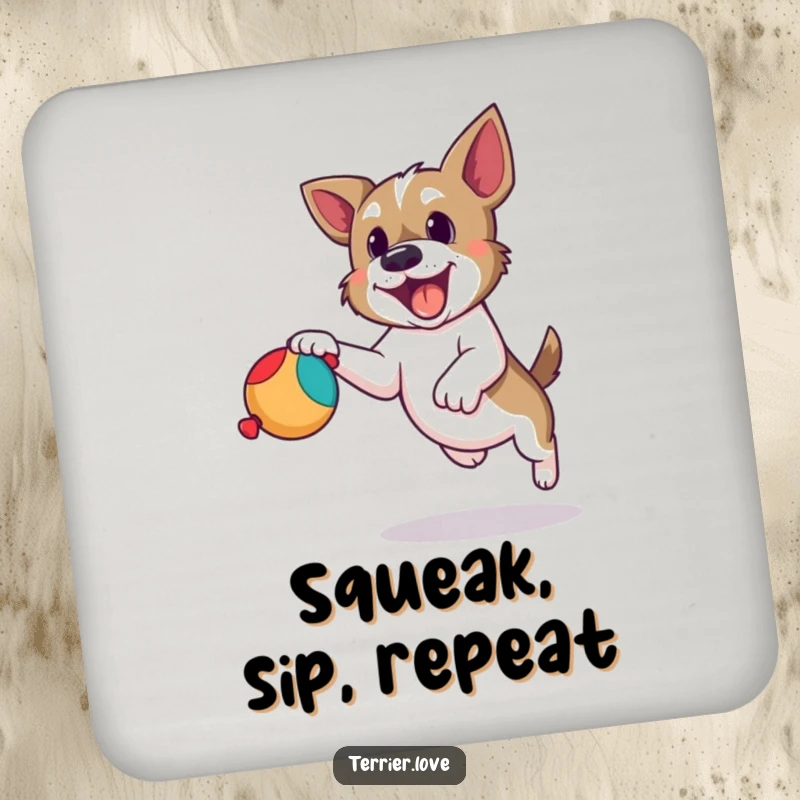 Funny terrier coaster featuring a dog determinedly leaping to catch a squeaky toy, a humorous and practical accessory.