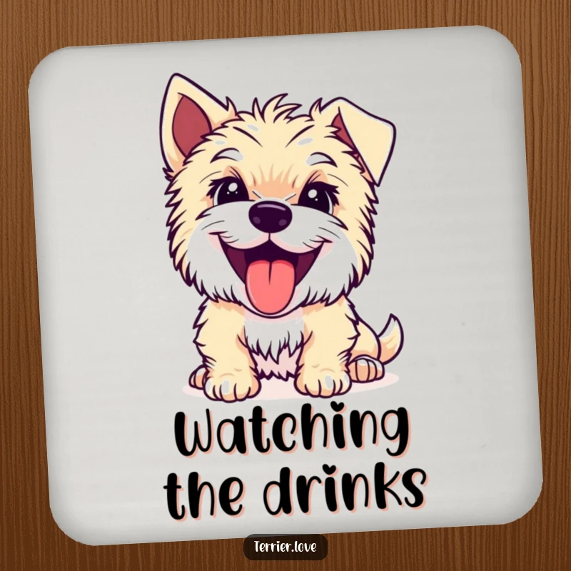 Funny Terrier drink coasters with a joyful dog whose tongue is out, looking intently, adding charm.