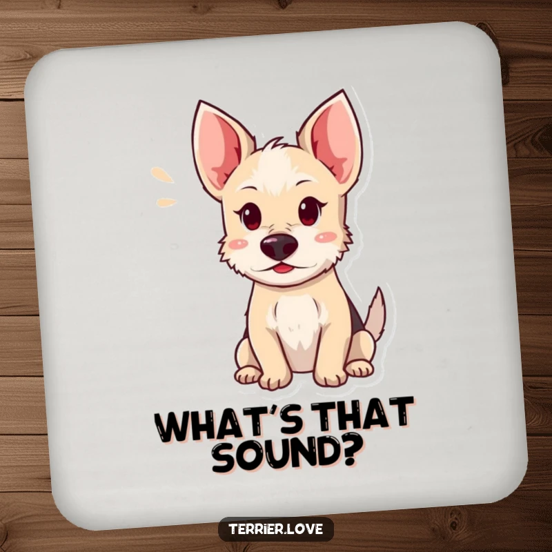 Funny terrier coasters showcasing a dog with ears perked, listening intently, protecting surfaces with a dash of playful focus.