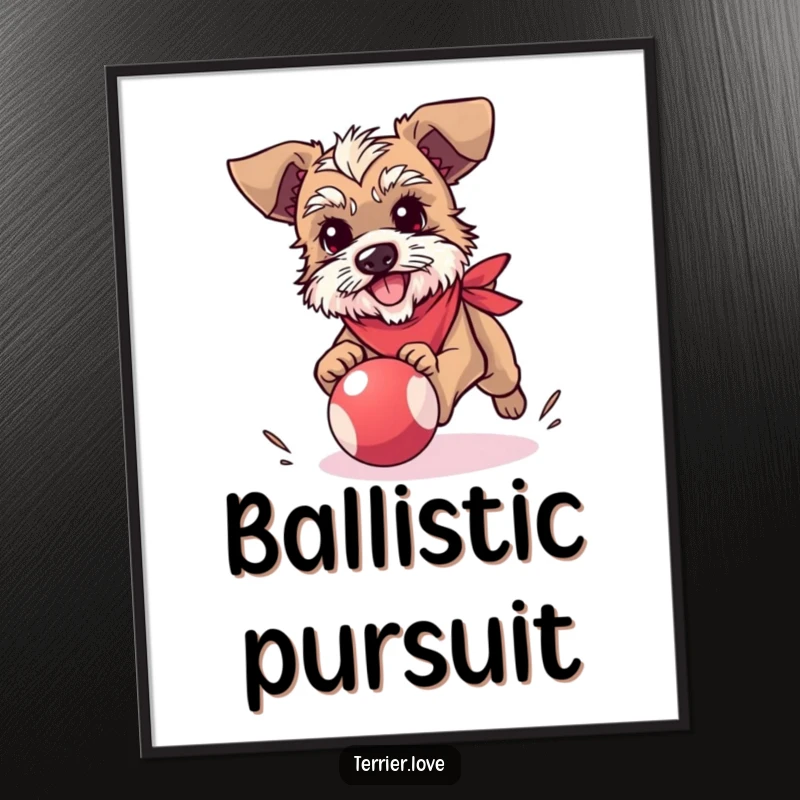 Funny terrier poster capturing a small dog in a bandana, energetically chasing a bouncy ball, perfect for adding fun to walls.