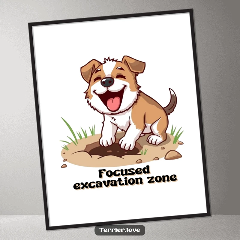 Funny digging terrier poster, dog intensely digging a hole, focused canine illustration, great for gifting.