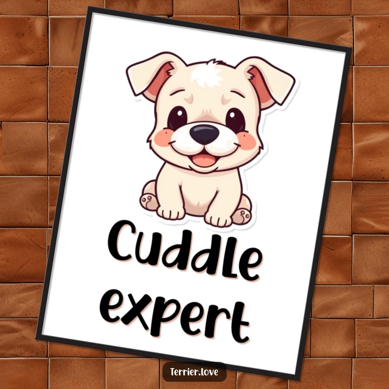 Funny Poster: A cheerful terrier with soft, floppy ears, depicted in an endearing pose, inviting cuddles and radiating happiness.