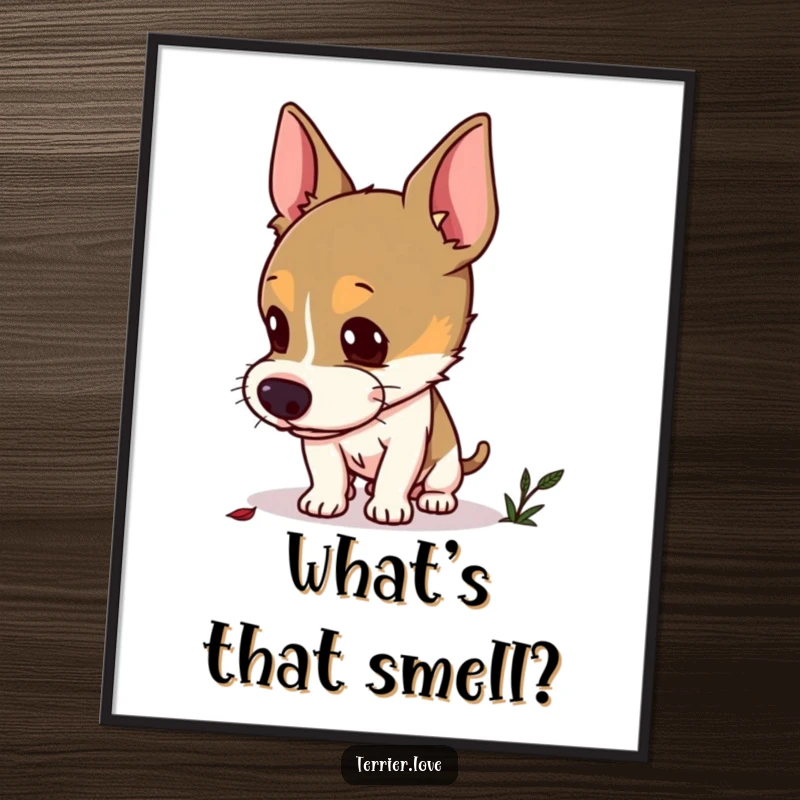Funny curious terrier poster displaying a dog with alert ears sniffing the air, investigating a hidden scent with intense focus.