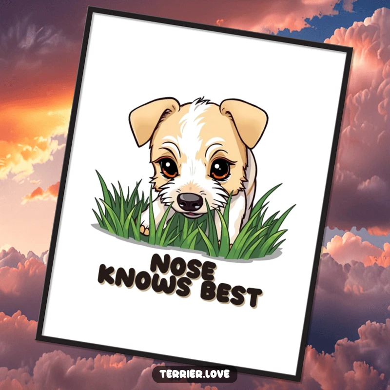 Funny terrier poster showing a dog with a curious gaze intently sniffing grass, capturing the essence of canine exploration.