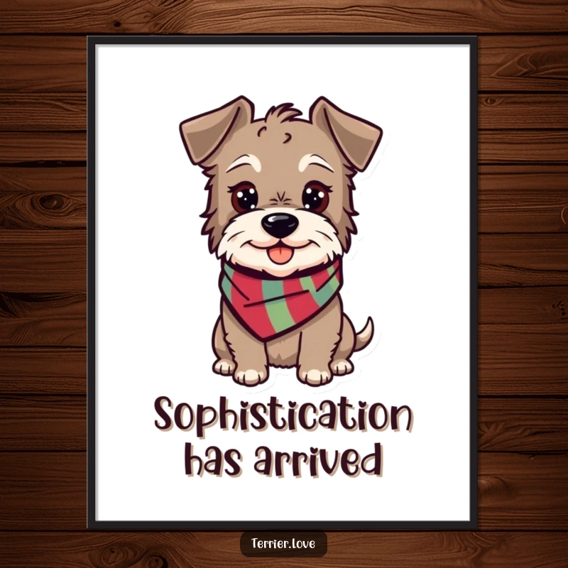 Funny terrier poster featuring an alert, happy dog in a colorful scarf, bringing cheerful vibes to wall decor.