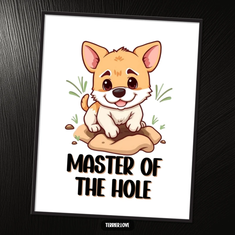 Funny terrier poster art of a determined dog digging a hole, capturing humorous energy and focus.