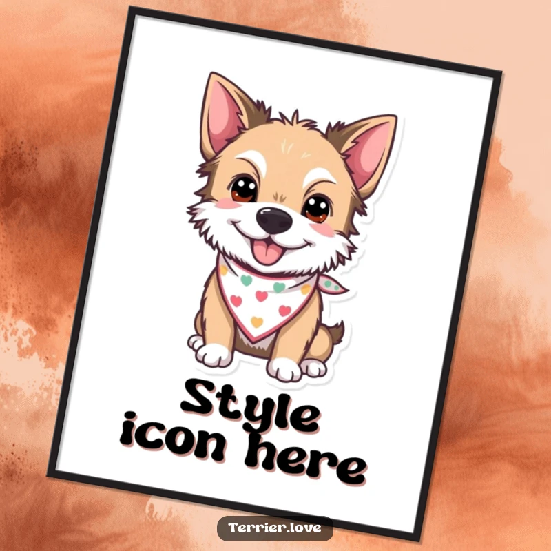 Funny Poster of a cheerful terrier wearing a small bandana, looking fashionable and ready for a photo shoot.