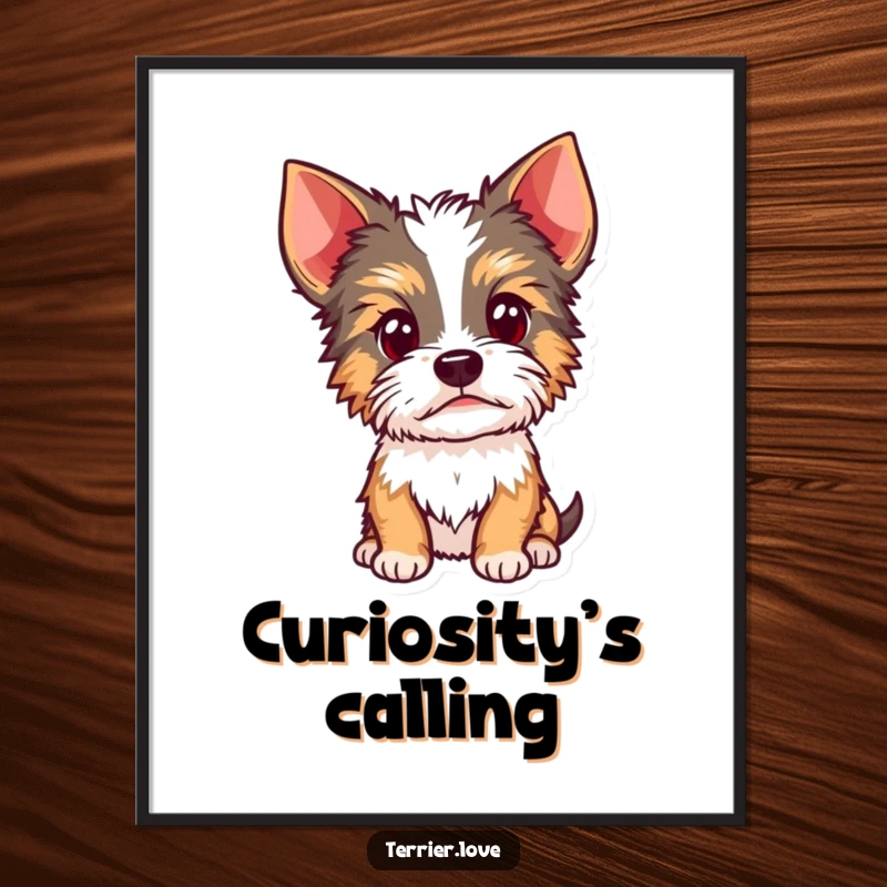 Funny Terrier poster showcasing a curious dog with its head tilted and alert ears, conveying intense focus and an engaging presence.