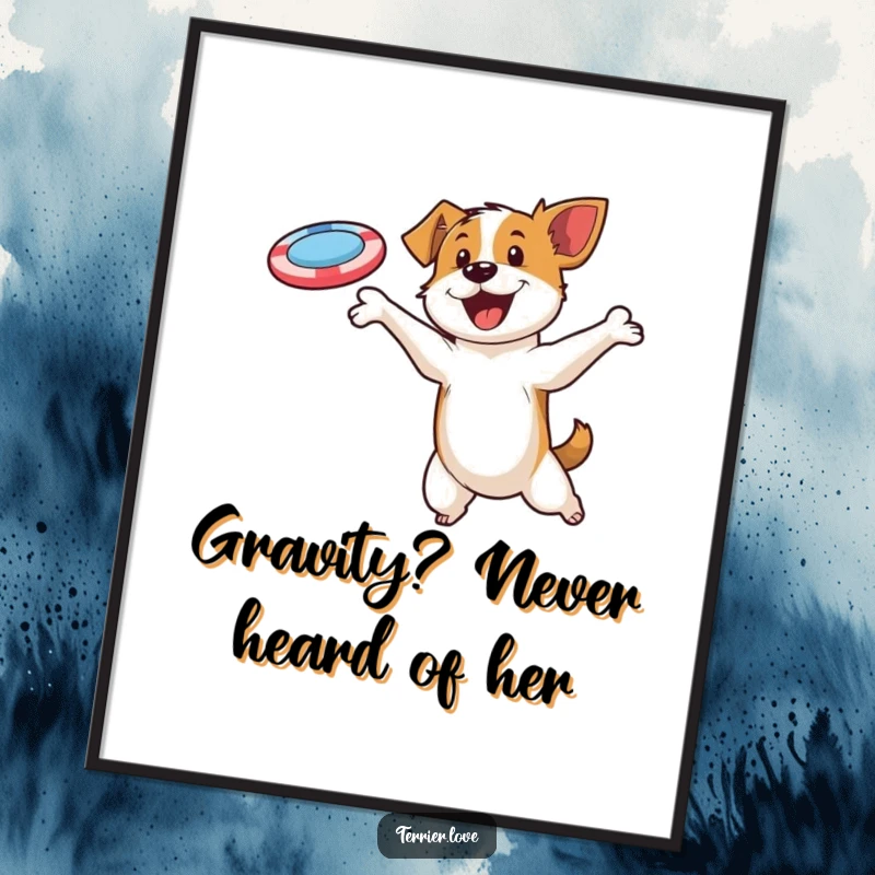 Funny poster depicting a high-flying terrier leaping with determination to catch a bright flying disc, full of action.