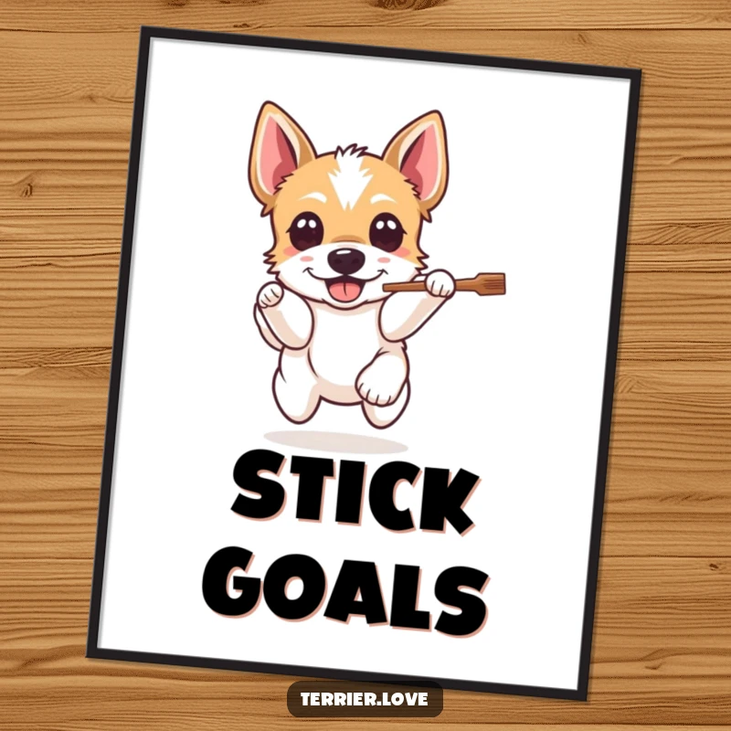 Funny Terrier Poster: A dog with happy eyes leaps for a stick, capturing the exhilarating action of fetch with humor.