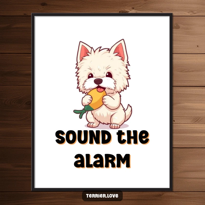 Funny Poster print of a fluffy terrier ecstatic about shaking a squeaky toy, bringing lively energy and humor to any room.