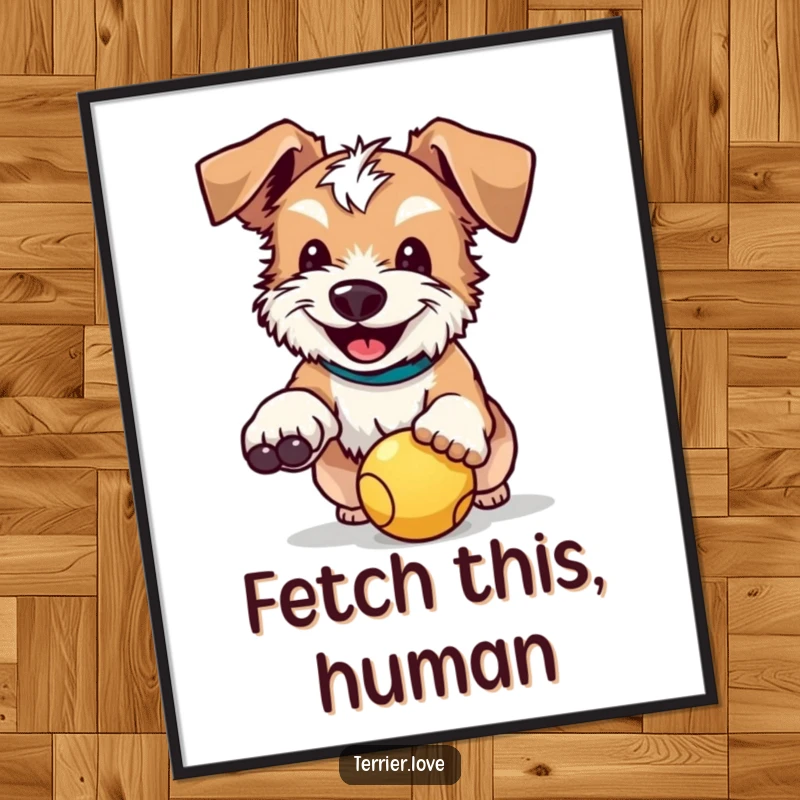 Funny poster of a happy terrier with its floppy ears flying, mid-catch with a ball, embodying playful canine bliss.