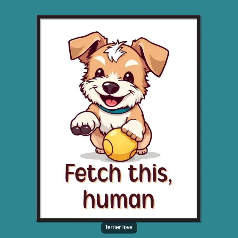 Funny Terrier Poster: Happy Floppy-Eared Pup Catching Ball Art