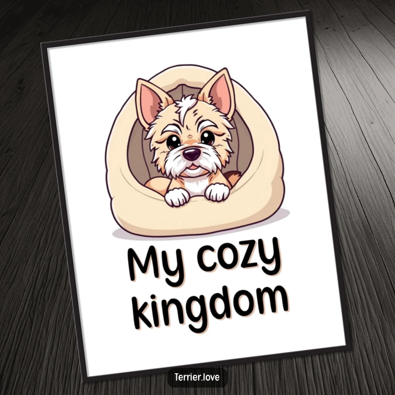 Funny terrier poster showing a dog peeking its head over the edge of a soft, cozy dog bed, looking content and sleepy.