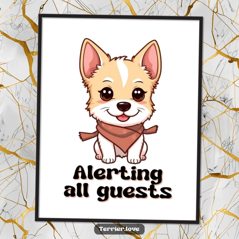 Funny poster of a smiling terrier wearing a small scarf, its alert expression adding a watchful charm to the artwork.