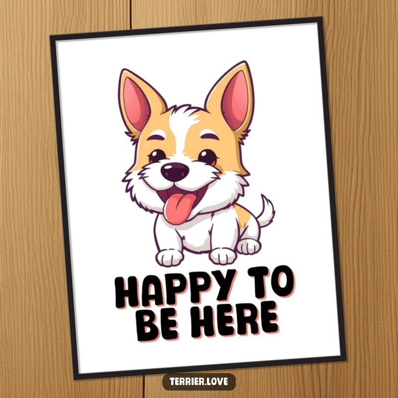 Funny Poster print of an energetic terrier with its tongue playfully lolling out, exuding happiness and a carefree, silly vibe.