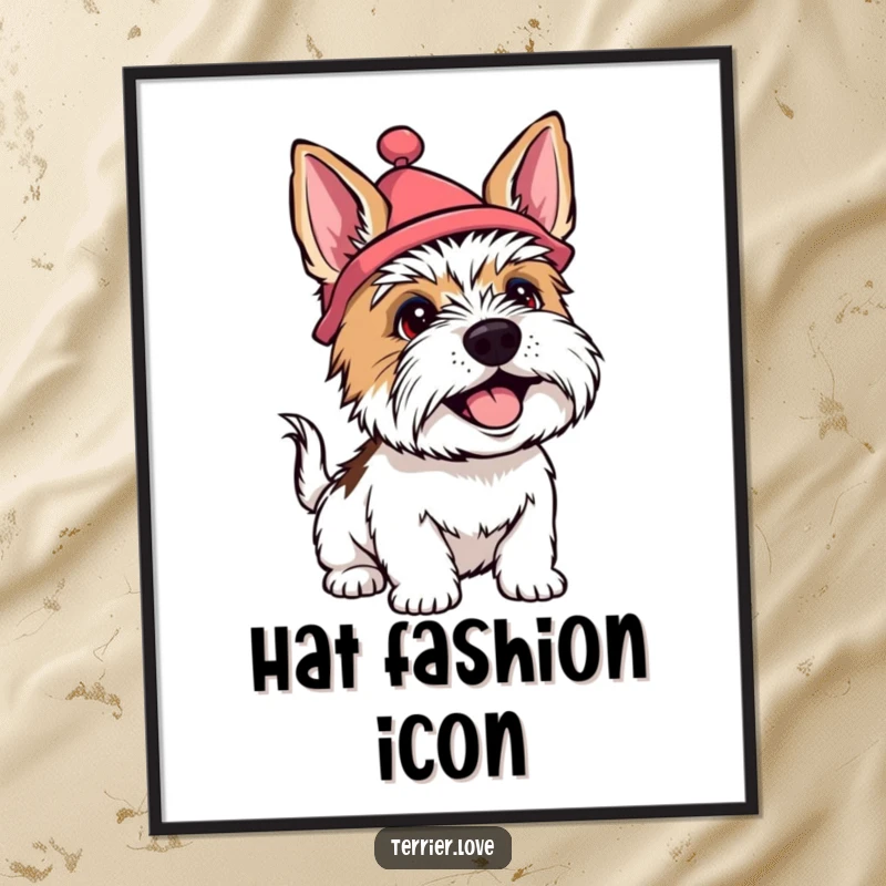 Funny terrier poster showing a dog wearing a silly hat and wagging its tail happily, capturing ultimate canine joy.