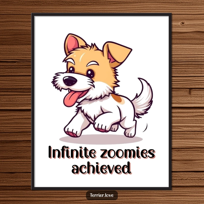 Funny poster art of a happy, panting terrier dog spinning wildly in pursuit of its own tail, capturing playful energy.