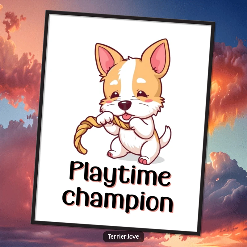 Funny Terrier Poster: Playful artwork of a dog character enthusiastically tugging on a rope toy, full of energy.