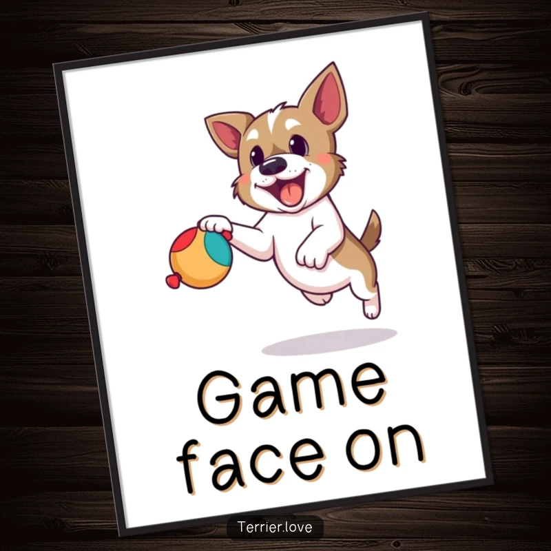 Funny terrier poster displaying a dog in mid-air, determinedly leaping to catch a squeaky toy, full of playful action.