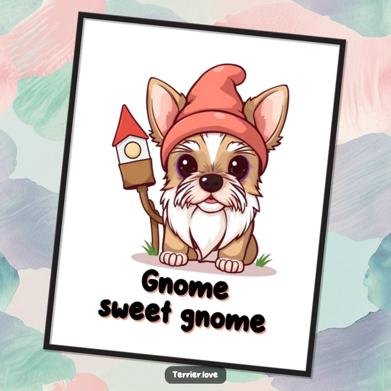 Funny Terrier Poster: A curious dog peeks from behind a gnome, adding a touch of playful humor to any wall space.