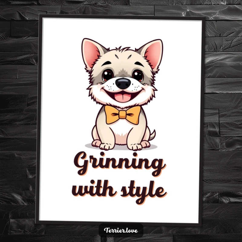 Funny terrier poster of a small, smiling dog wearing a classic bowtie, adding a touch of elegance and humor to walls.