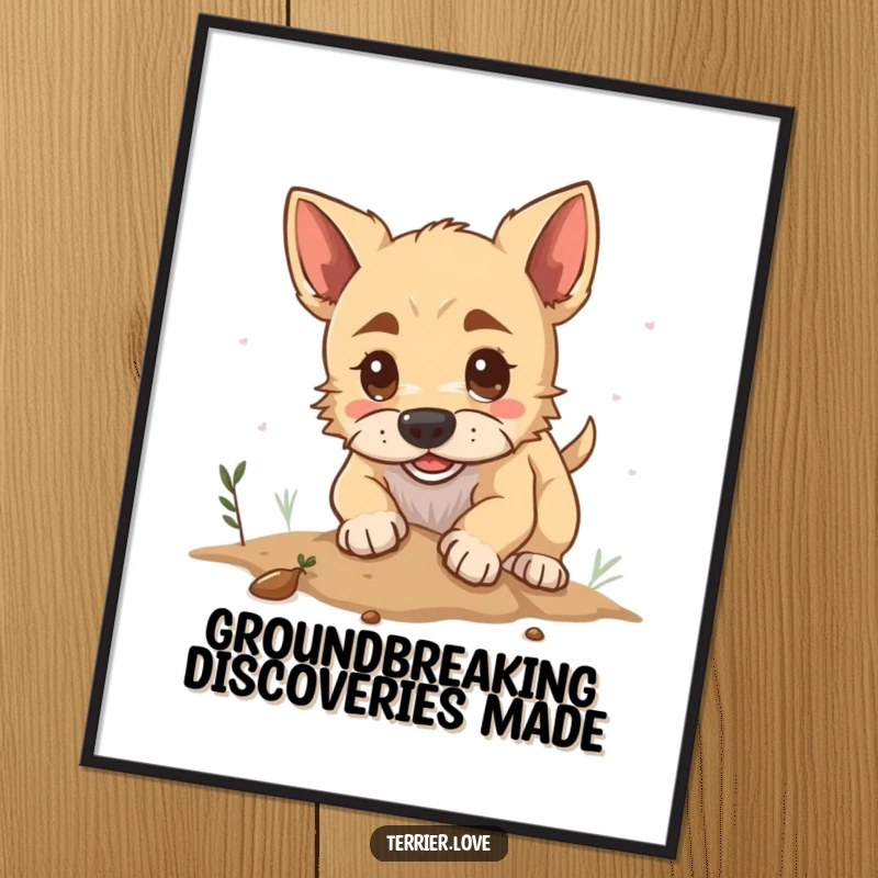 Funny poster art of a determined terrier dog digging enthusiastically in the earth, conveying a humorous and energetic canine spirit.