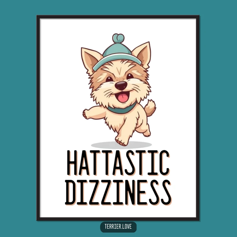 Funny Terrier Hat Tail Chasing Poster: Silly Dog's Enthusiastic Wall Art