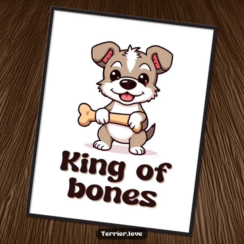 Funny Proud Terrier Poster: Art print of a dog character standing proudly, holding a bone, conveying success.
