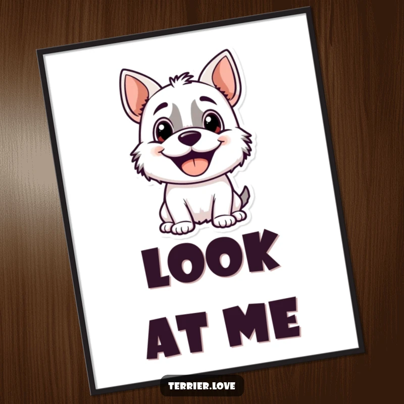 Funny terrier poster art of a joyful, panting dog character looking up with hopeful eyes, seeking attention and admiration.