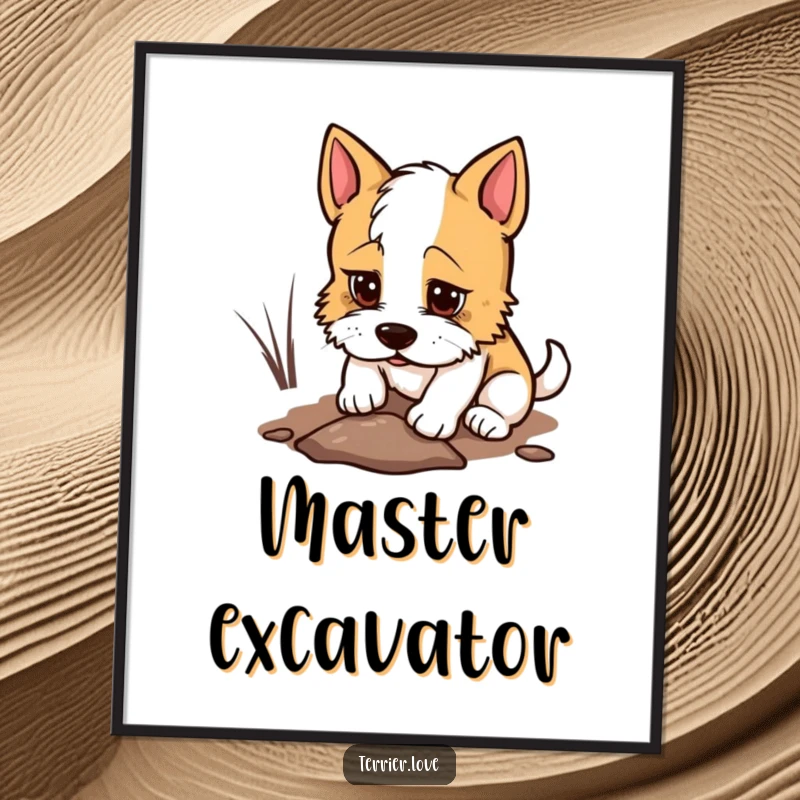 Funny Poster of a determined terrier digging a small hole, humorous wall art celebrating persistence and focus.