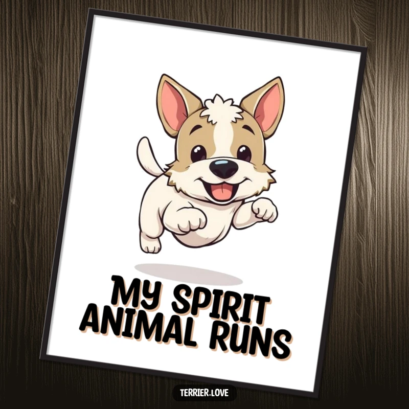 Funny cheerful running terrier poster, joyful dog mid-stride with bushy tail, vibrant canine artwork, great for gifting.