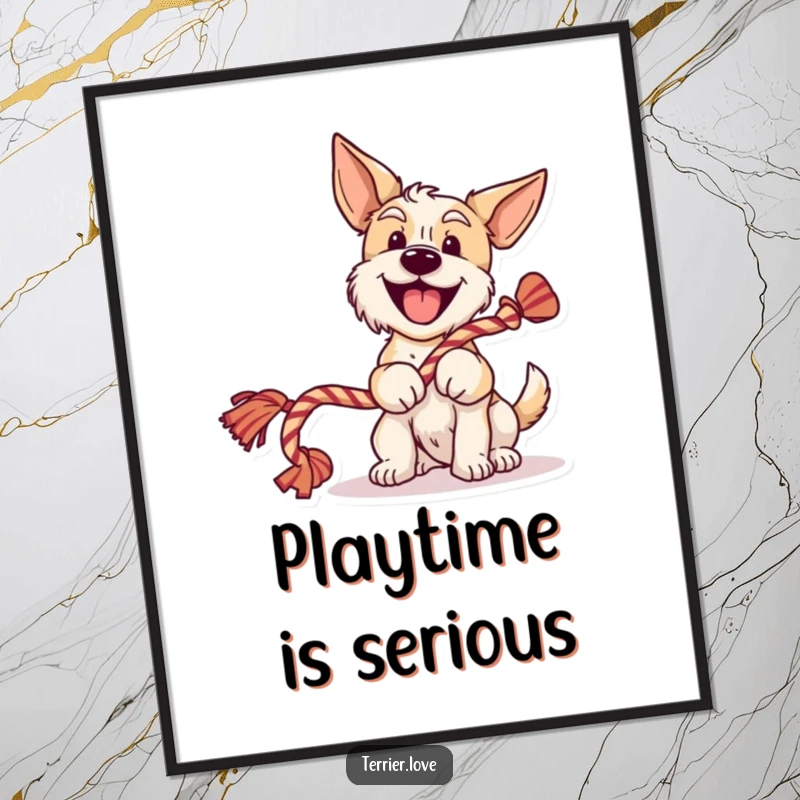 Funny terrier poster art of a cheerful dog wagging its tail and holding a rope toy, bringing joyful and humorous vibes.