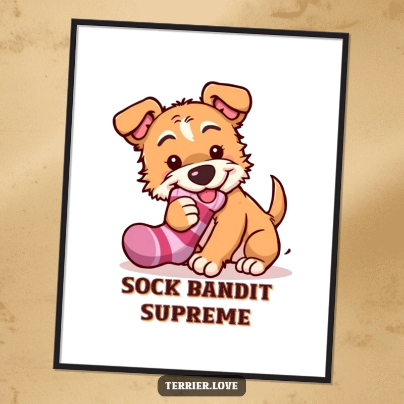 Funny poster of a mischievous terrier dog caught stealing a sock, bringing a humorous and playful touch to wall art.
