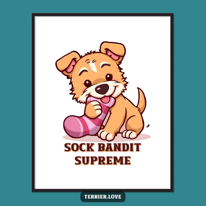 Funny Wall Art: Mischievous Terrier Poster - Sock Thief Dog Decor