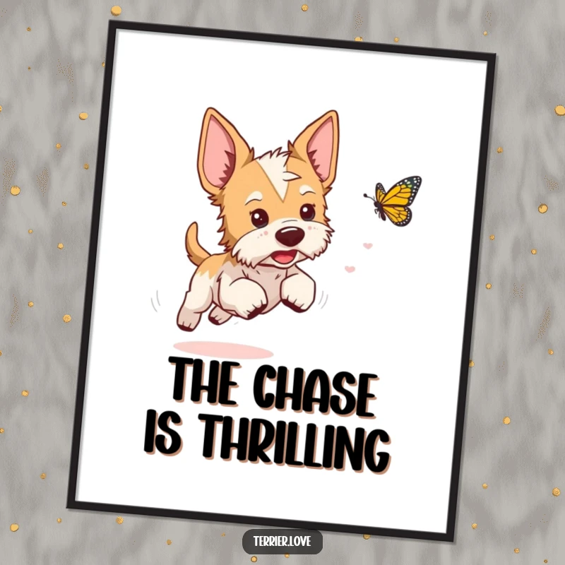 Funny playful terrier poster depicting a dog with perked ears chasing a swift butterfly, full of joy.
