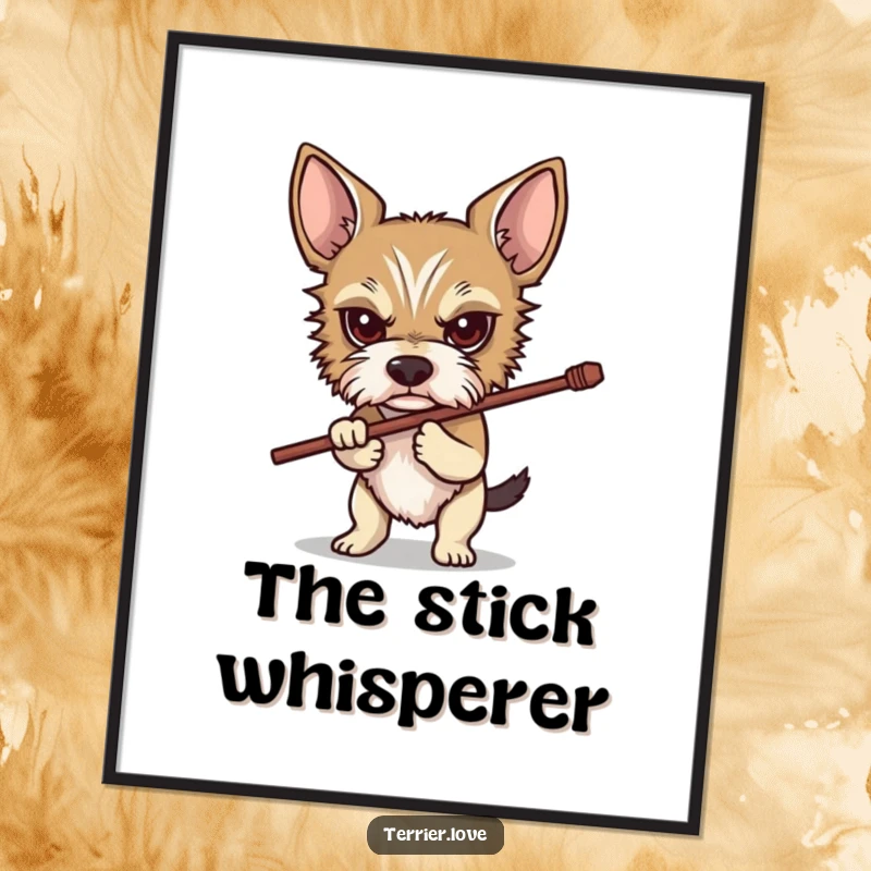 Funny Determined Terrier Poster: A focused terrier firmly holding a stick, depicted as motivational wall art with a humorous undertone.