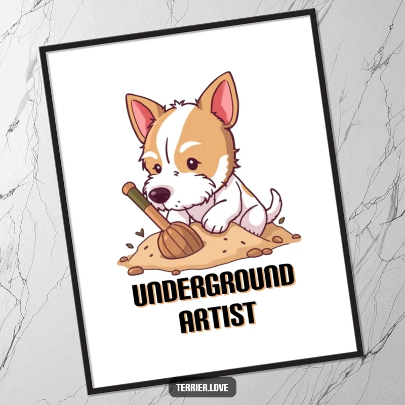 Funny Poster of a terrier digging enthusiastically in soft earth, dirt flying, capturing a moment of pure canine bliss.