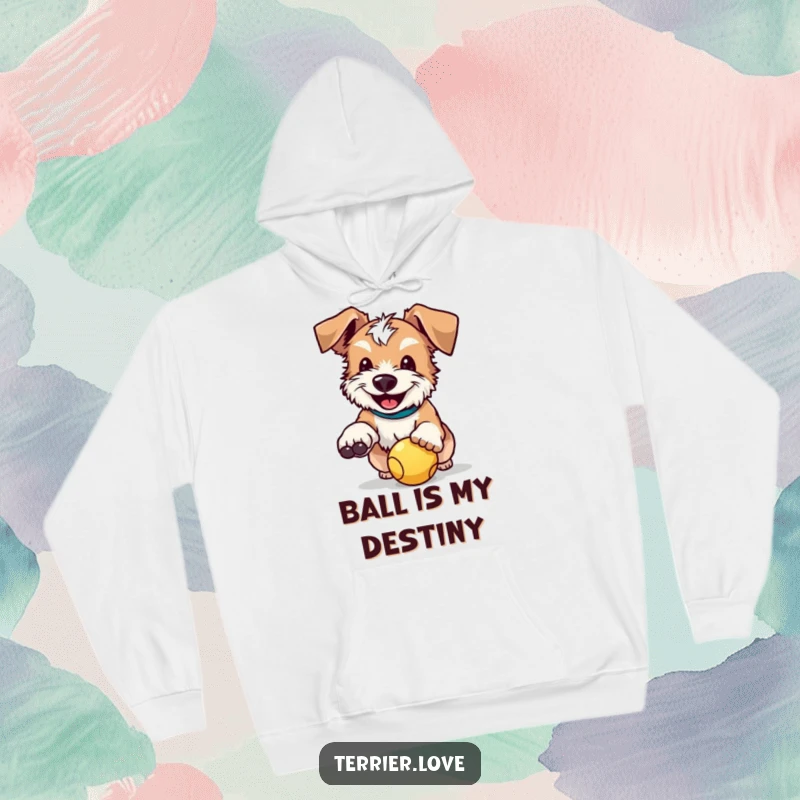 Funny hoodie with a happy terrier, floppy ears alert, dynamically catching a ball, radiating pure canine happiness.