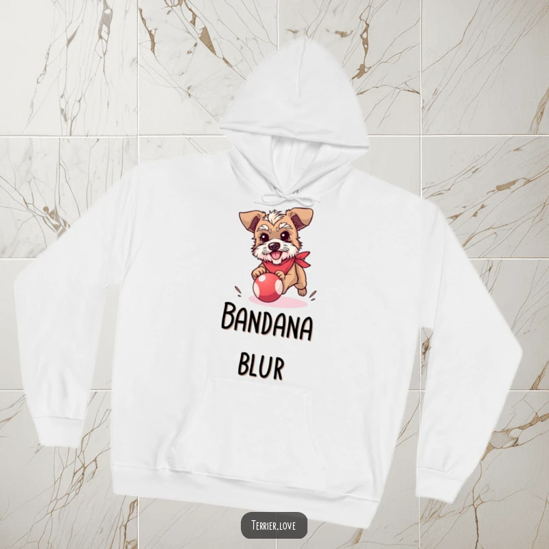 Funny terrier hoodie depicting a small dog in a bandana, enthusiastically chasing a bouncy ball, perfect for cozying up.