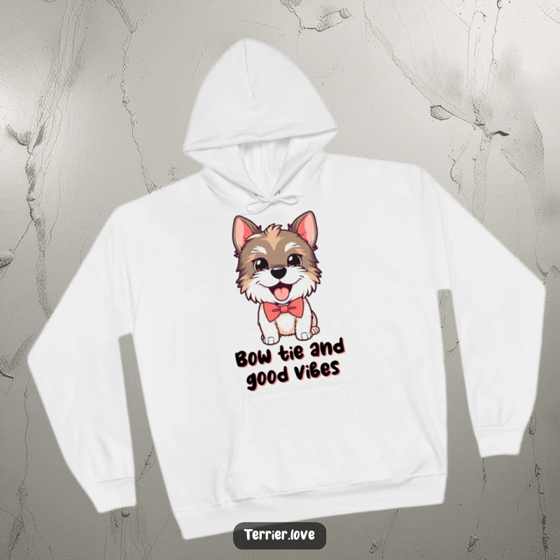 Funny hoodie featuring a playful Terrier dog wearing a smart bow tie and panting happily, embodying dapper canine cheer.