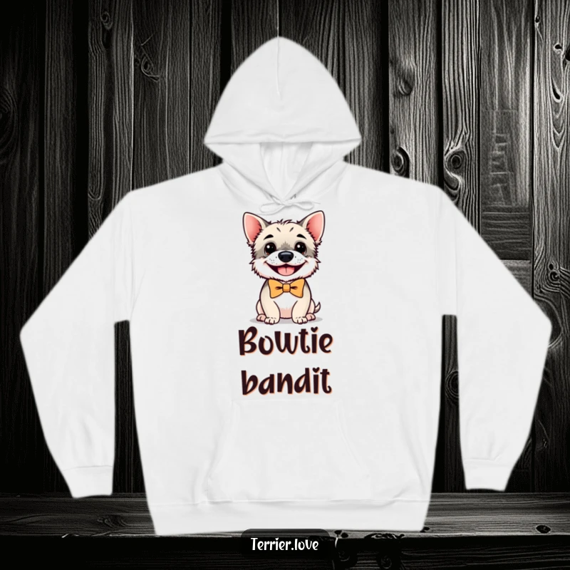 Funny terrier hoodie with a happy, grinning small dog wearing a formal bowtie, offering warmth and style.