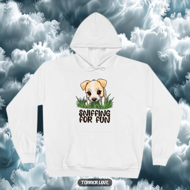 Funny terrier hoodie showing a dog with a curious gaze sniffing grass, embodying playful exploration and warmth.