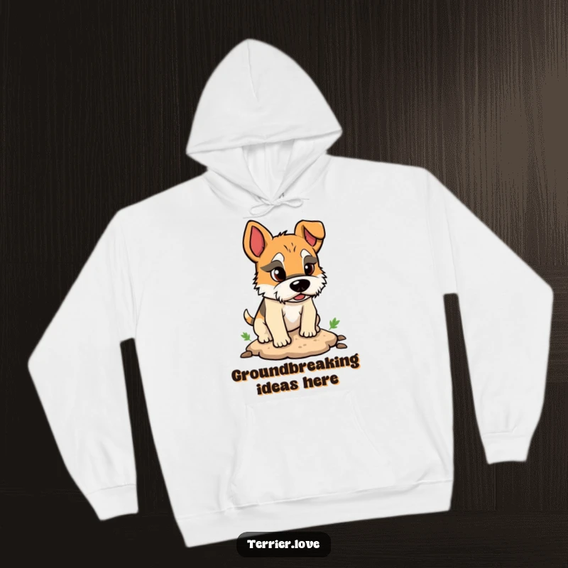 Funny hoodie showcasing a terrier with a concentrated expression, diligently digging a small hole in the earth.