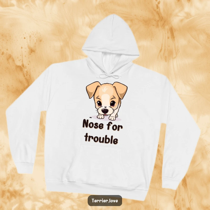 Funny terrier hoodie depicting a curious small dog with floppy ears intently sniffing the ground, perfect for cozying up.
