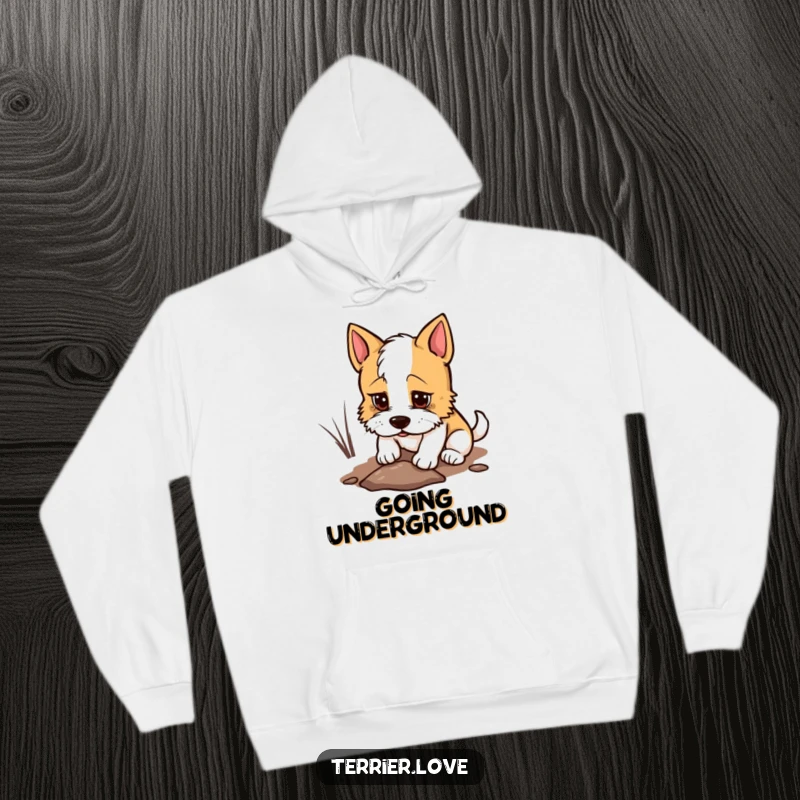 Funny Hoodie with a determined terrier digging a small hole, comfortable and humorous apparel for the persistent.