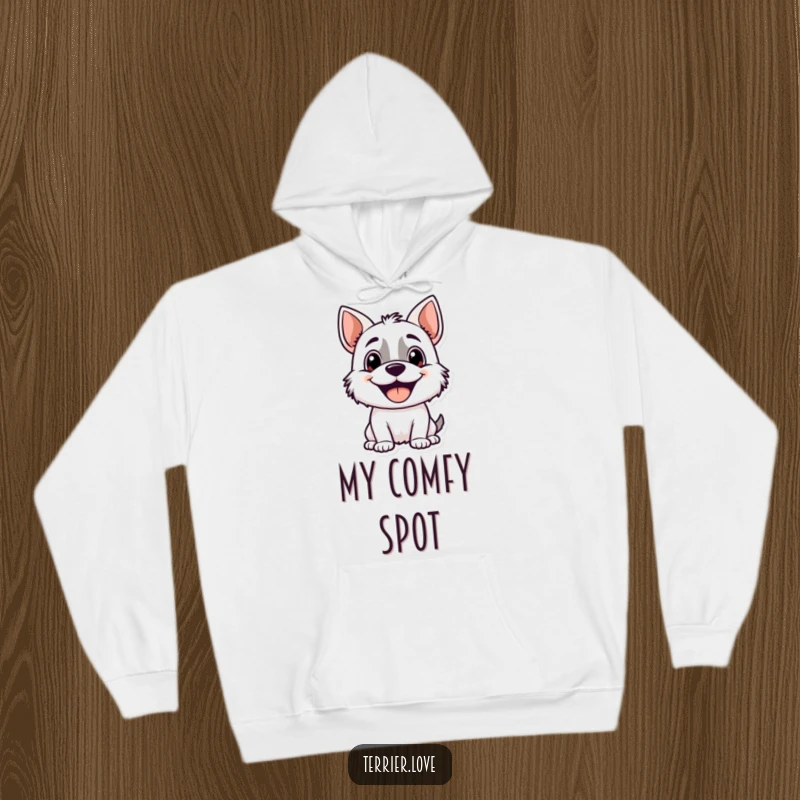Funny terrier hoodie with a cute, happy panting dog character illustration, radiating warmth and seeking love and attention from admirers.