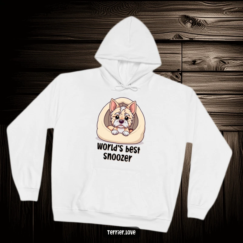 Funny terrier hoodie featuring a dog peeking out from a plush dog bed, exuding warmth, coziness, and a touch of playful slumber.