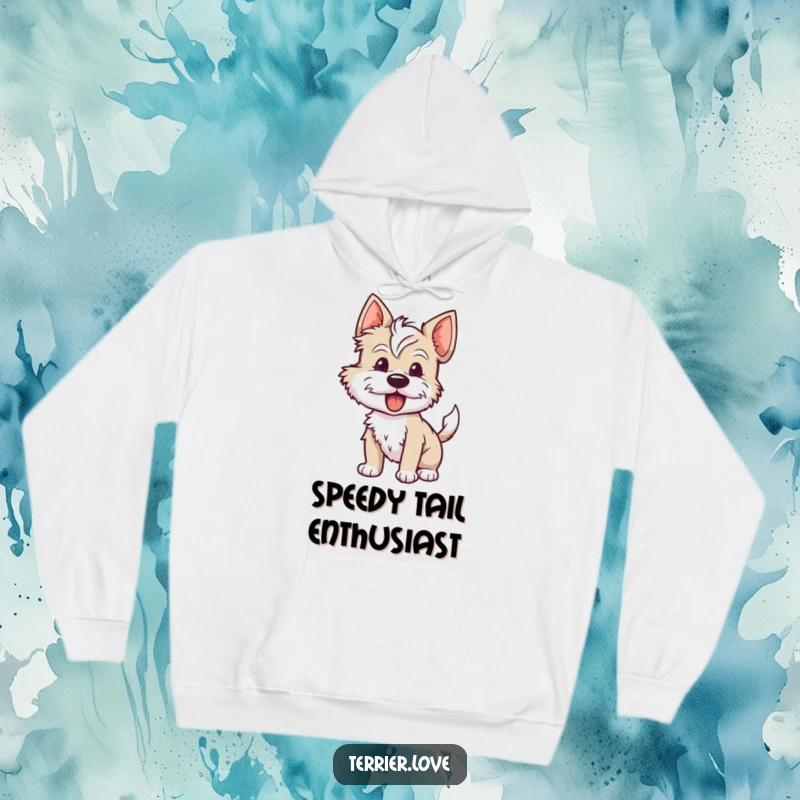 Funny terrier hoodie featuring a dog with a rapidly wagging tail, a look of pure eagerness on its face, embodying cheerful enthusiasm.