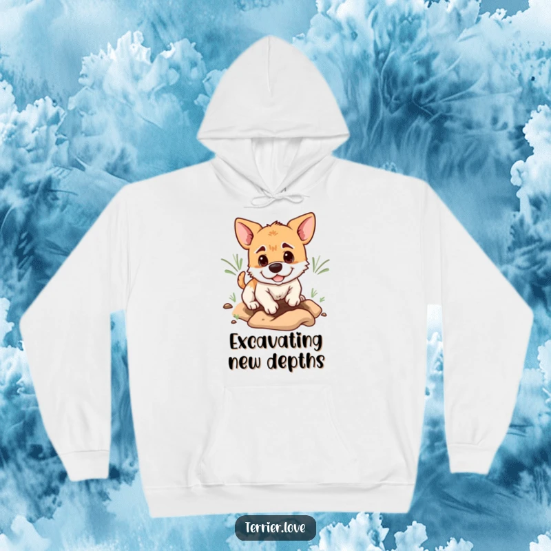 Funny terrier hoodie showing a playful dog with a determined expression, digging a hole, designed for humor and focus.